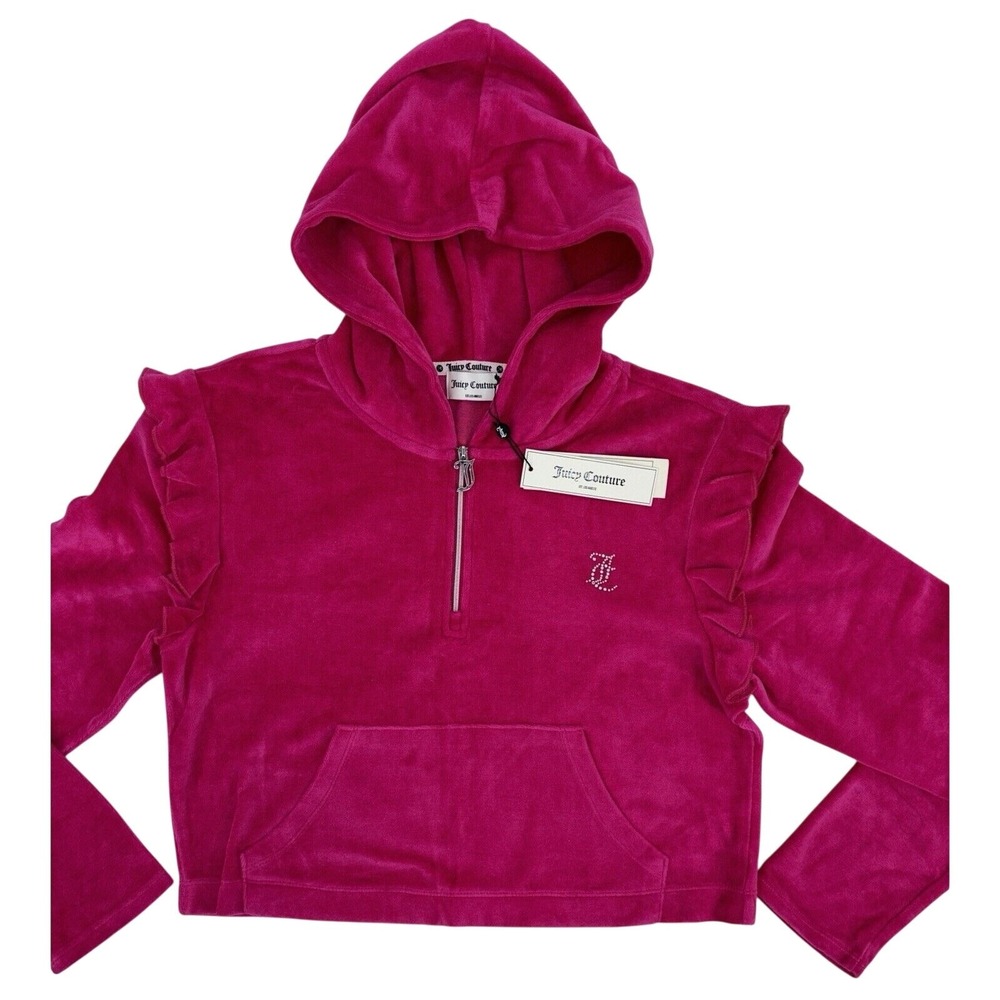 NEW Juicy Couture Crop Ruffle Quarter Zip Velour Hoodie Pullover Medium Pink NWT